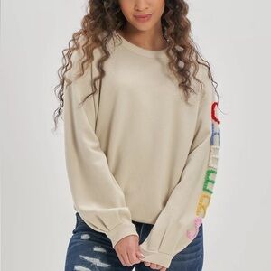 Aerie Oversized High Neck Terry Cheers Sweatshirt Ribbed Details Size XS Beige